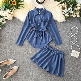 Set: Tie-waist Shirt + Wide Leg Shorts