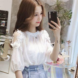 Elbow-sleeve Cold-shoulder Flower Blouse