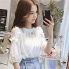Elbow-sleeve Cold-shoulder Flower Blouse