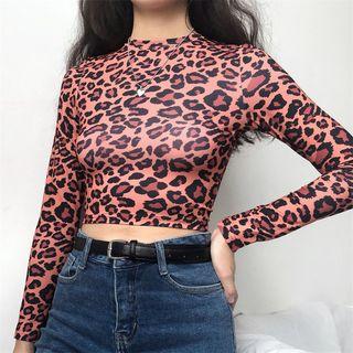 Mock Neck Leopard Long-sleeve T-shirt