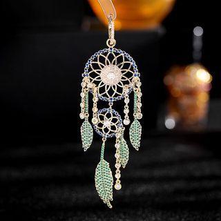 Flower Feather Rhinestone Alloy Fringed Earring Gold - One Size