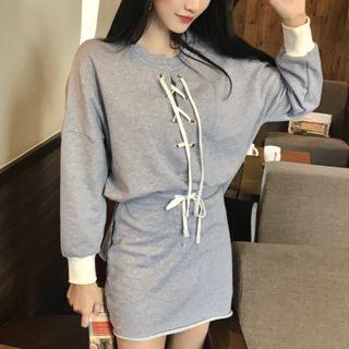Set: Plain Lace-up Sweatshirt + Skirt
