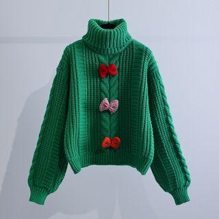 Turtleneck Bow Cable Knit Sweater