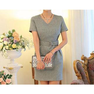 Short-sleeve Tie-waist Sheath Dress