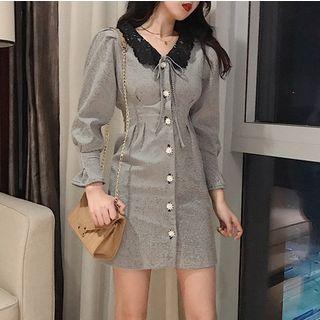 Long-sleeve Buttoned Houndstooth Mini Dress