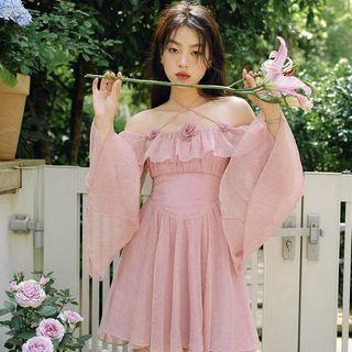 Cold-shoulder Floral Ruffled A-line Dress