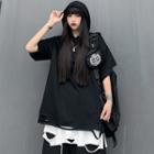 Elbow-sleeve Cutout T-shirt / Distressed Wide-leg Shorts
