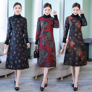 Turtleneck Floral Print Midi A-line Dress
