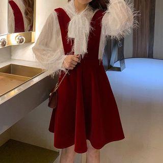 Long-sleeve Tie-neck Blouse / Mini A-line Pinafore Dress