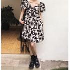 Puff Sleeve V-neck Flower Print A-line Dress