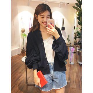 Drop-shoulder Shirred-sleeve Cardigan