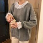 Reversible Button Cardigan/ Lace Panel Long-sleeve Mesh Top