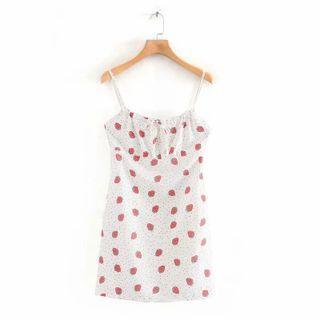 Spaghetti-strap Strawberry Print Mini Sheath Dress