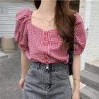 Puff-sleeve Square-neck Plaid Button-up Blouse