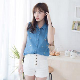 Sleeveless Printed Denim Blouse