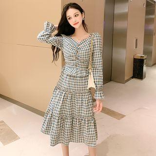 Long-sleeve Plaid Frill Trim A-line Midi Dress