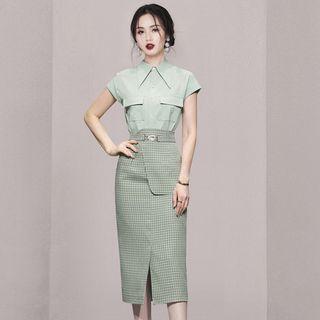 Set: Short-sleeve Blouse + Plaid Midi Pencil Skirt