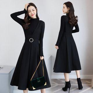 Set: Long Sleeve Knitted Top + V-neck Hoop Buckled Pinafore Dress