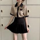 Contrast Trim Checked Short-sleeve Polo Shirt / Mini A-line Skirt