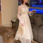 Long-sleeve Sheer Detail A-line Midi Dress