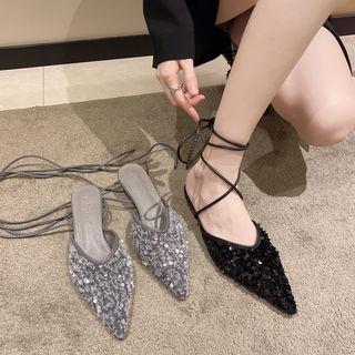 Pointed Sequin Lace Up Sandals