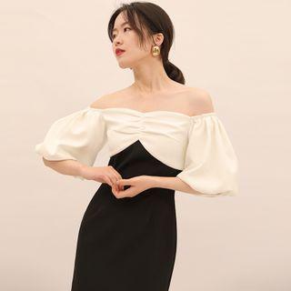 Puff-sleeve Off-shoulder Two Tone Mini Dress