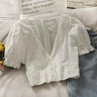 Eyelet Deep V-neck Short-sleeve Crop Top White - One Size
