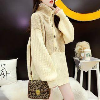 Turtleneck Button-up Fleece Panel Sweater