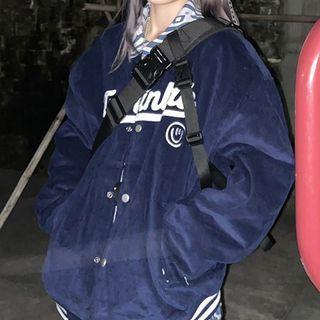 Corduroy Lettering Embroidered Baseball Jacket