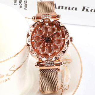 Rhinestone Flower Milanese Strap Watch