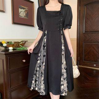 Short-sleeve Lace-up Floral Midi A-line Dress