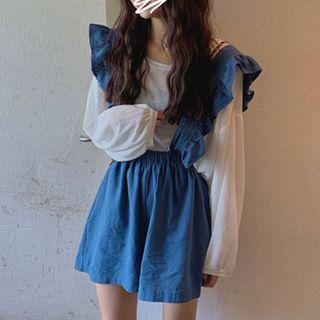 Long-sleeve T-shirt / Ruffle Suspender Shorts