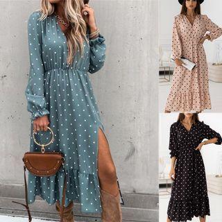Long Sleeve V-neck Dotted Slit Long Dress