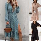 Long Sleeve V-neck Dotted Slit Long Dress