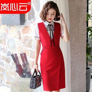 Sleeveless V-neck Sheath Dress / Short-sleeve Shirt