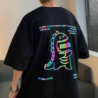 Elbow-sleeve Reflective Dinosaur Print T-shirt