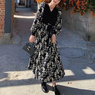 Mock Two-piece Long-sleeve Knit Panel Print Midi A-line Dress