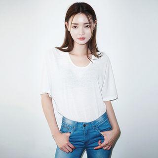 Short Sleeve Round-neck Linen Blend T-shirt