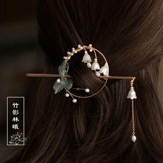 Flower Freshwater Pearl Hair Stick 1pc - Gold & White & Green - One Size