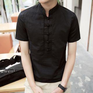 Mandarin Collar Frog Button Short-sleeve Top