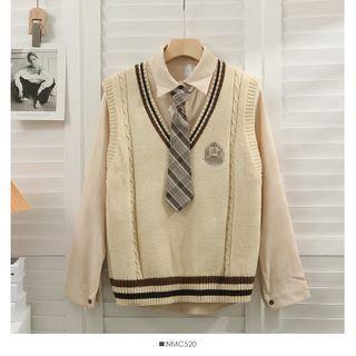 Set: Loose Knit Vest + Shirt With Tie Almond Shirt + Almond Vest - One Size