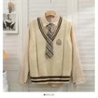 Set: Loose Knit Vest + Shirt With Tie Almond Shirt + Almond Vest - One Size