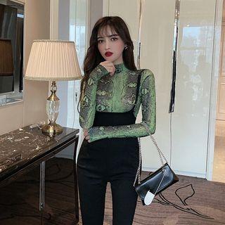 Long-sleeve Snake Skin Print T-shirt / Boot-cut Suspender Pants