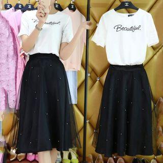 Set: Lettering Short-sleeve T-shirt + Beaded A-line Mesh Skirt