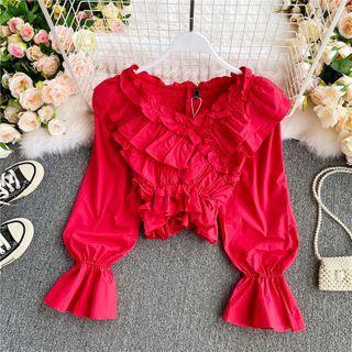 Ruffled V-neck Cropped Blouse