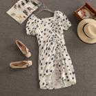 Puff-sleeve Dotted Drawstring Sheath Dress