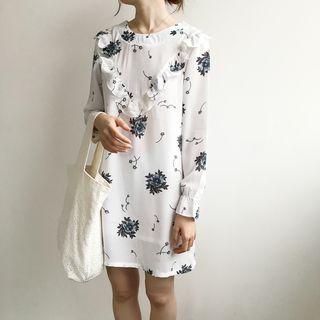 Long Sleeve Floral Print Chiffon Shift Dress