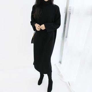 Turtle-neck Long Ribbed Dress With Sash