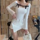 Long-sleeve Bow Accent T-shirt / Asymmetrical Skort
