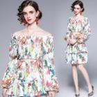 Set: Long-sleeve Floral Print Crop Top + Tiered A-line Skirt